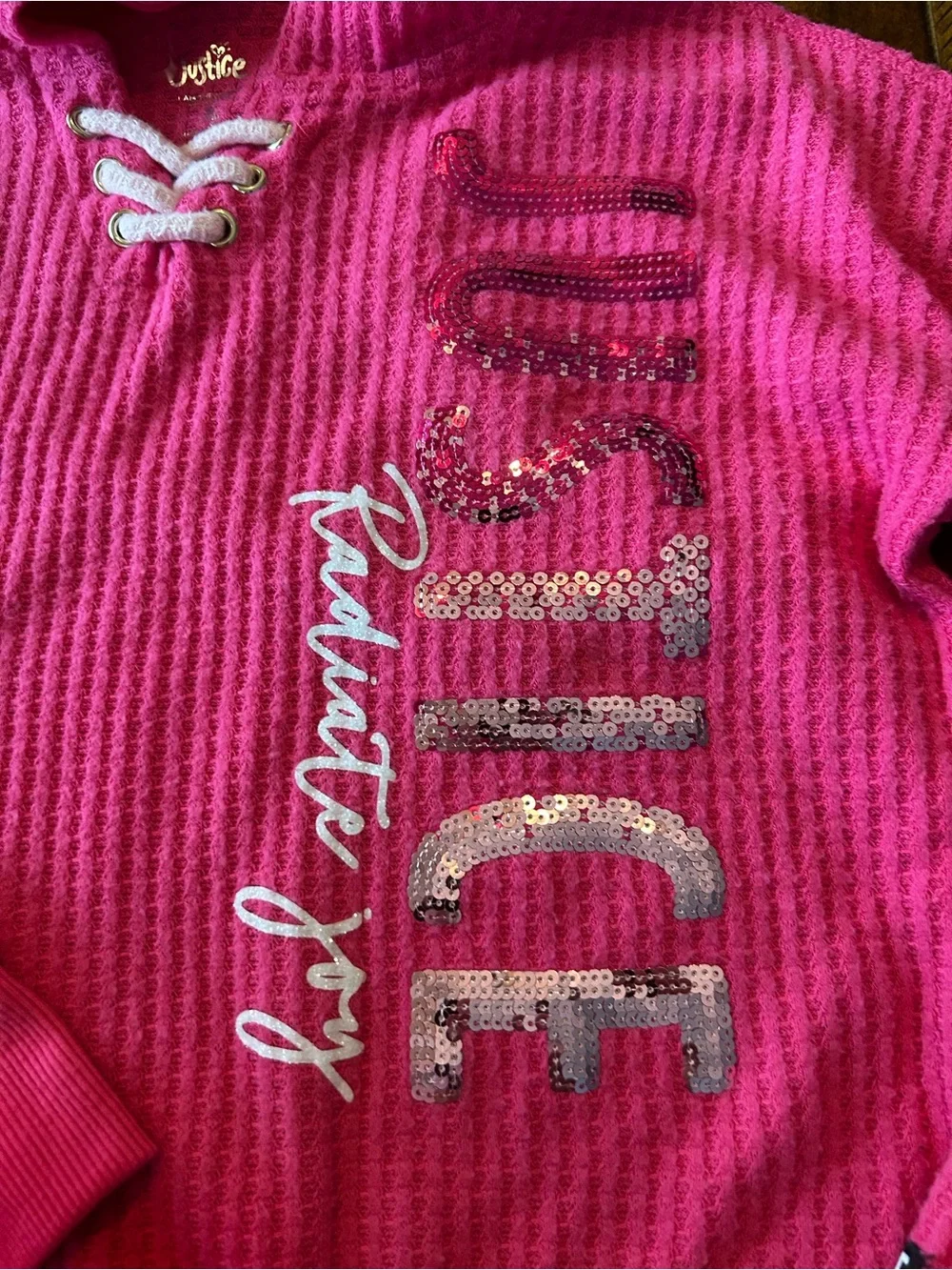 Justice Pink Waffle-Knit Hooded Pullover with Sequin Logo